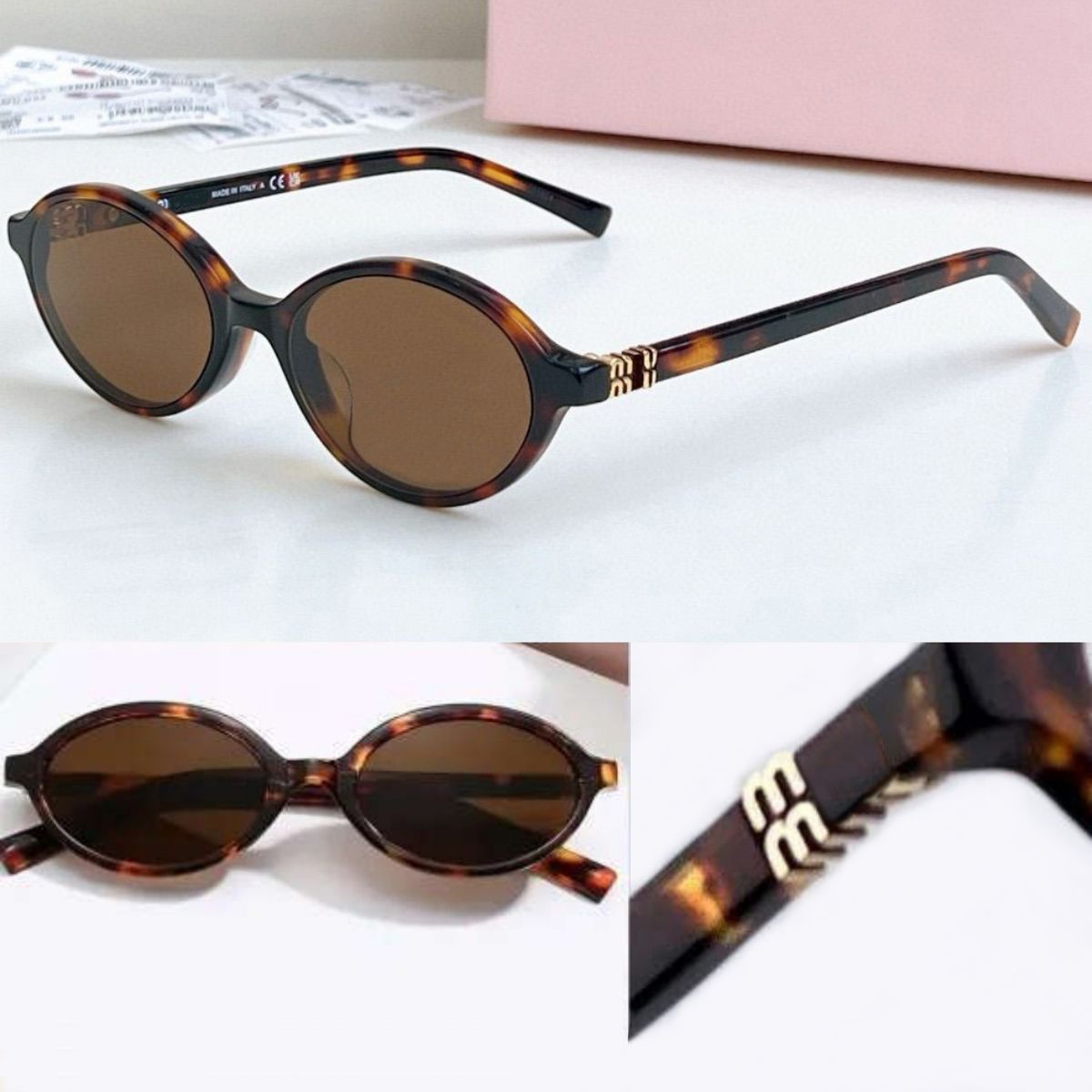 MU Designer Sunglasses For Women Men Small Oval Frame 04ZS UV400 Lightweight Tortoise MM Glasses Thin Acetate Gold Brown Pink Lenses - 1 of 8