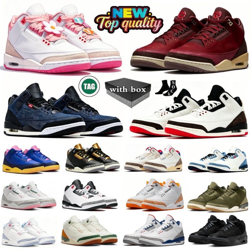 With box 3 Basketball Shoes 3s Black Cat Medium Olive SoleFly Brazil BIN 23 True Blue Worlds Best Dad Champagne Oysters Denim Pink Glow Mens Womens Trainers Sport - 1 of 8