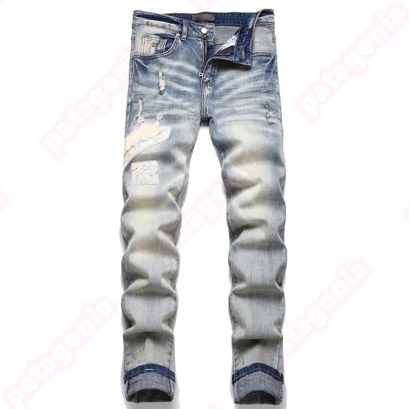 Mens Designer jeans Fashion Jeans European America Style Jean Streetwear Letter Embroidery Pants Patchwork Ripped For Motorcycle Pant Skinny Jeans - 4 of 9