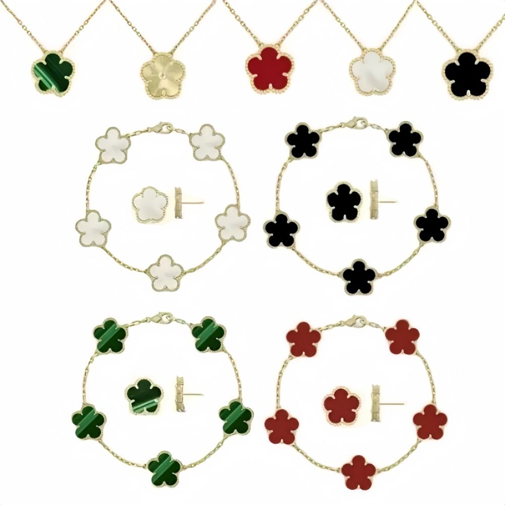 Luxury 4 Four Clover Necklace Luxury Designer Jewelry Set Pendant Necklaces Bracelet Stud Earring Women Christm Valentine's Day Birthday Gift Gold Flower Necklace - 2 of 9
