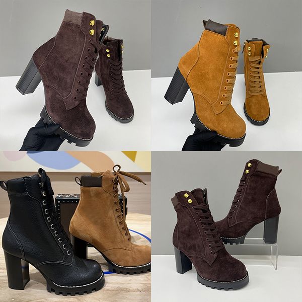 2026 Luxury Star Trail Ankle Boots Premium Women's Suede Calf Leather High-Heel Boot Camel Brown Chunky Block Heels Trendy Winter Footwear 1178 - Shoes & Accessories - yakudashop