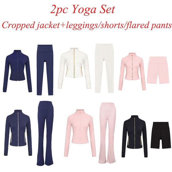 2Pc Gym Set Cropped Jacket Gym Clothe Woman Crop Jacket Women Leggings Run Short Workout Outfits Fitness Leggings for Woman Designer - Sports & Outdoors - yakudashop