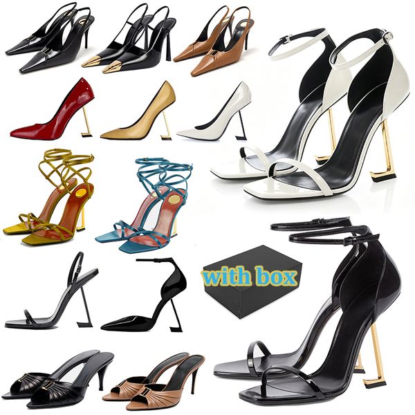 with box designer dress shoes Patent Leather Ankle Strap High Heels popular Sandals for Women Square Open Toe comfort Party Wedding Stiletto gold white - Shoes & Accessories - yakudashop