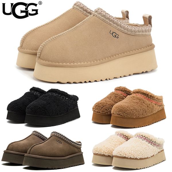 UGG Women's Tazz Platform Slippers Suede Curly Shearling Tribal Stitch Trim Slip On Warm Fur Lined Indoor Outdoor Winter Mule Slides Multiple colors - Shoes & Accessories - yakudashop