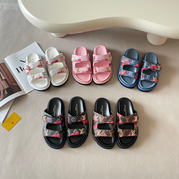 LV x TM Pool Pillow Flat Mule Cherry Print Platform Slide Sandals Women Adjustable Double Strap Metal Thick Sole Casual Outdoor Beach Couple Slippers Multiple colors - Shoes & Accessories - yakudashop