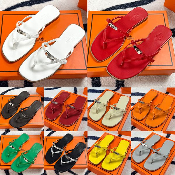 Hermes Miss sandal women Empir Kelly Buckle Thong designer Sandals Genuine Leather Flat Minimalist Slip On Summer Beach Flip Flop Slippers Multi Colors - Shoes & Accessories - yakudashop
