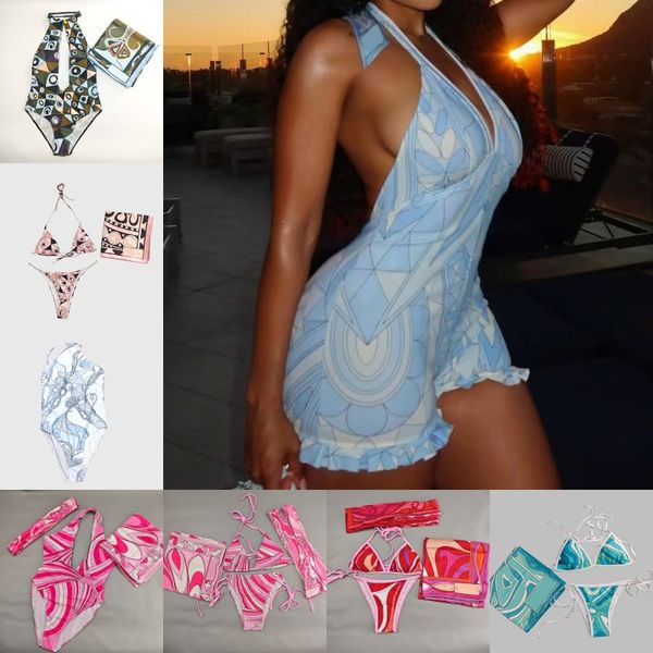 Mixed Prints Bikini Swimwear Headband Scarf Designer Women Sexy V Neck Swimsuits Sarong Skirt Halter Sleeveless Beachwear Beach Holiday Bathing Suits Swimsuit - Apparel - yakudashop