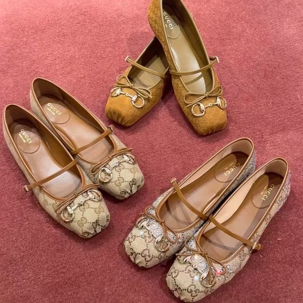Horsebit Ballet Flat Shoes Designer Shoes Women Dress Fashion Luxury Suede Leather Stin Canvas Pig Nose Square Headbow Mary Jane Shoes - Shoes & Accessories - yakudashop