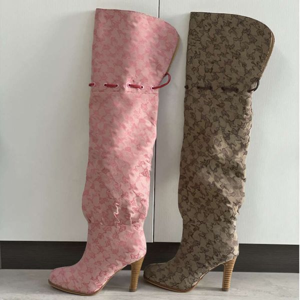 Women Designer Boots Over The Knee Boots Winter Long Boot Adjustable Straps Canvas Zipper Laces Original Shoes Ladies Girls Sexy High Boot 317 - Shoes & Accessories - yakudashop