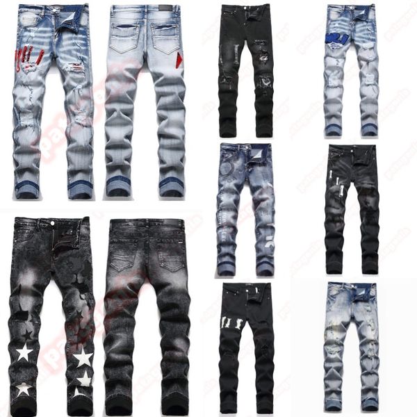Mens Designer jeans Fashion Jeans European America Style Jean Streetwear Letter Embroidery Pants Patchwork Ripped For Motorcycle Pant Skinny Jeans - Apparel - yakudashop