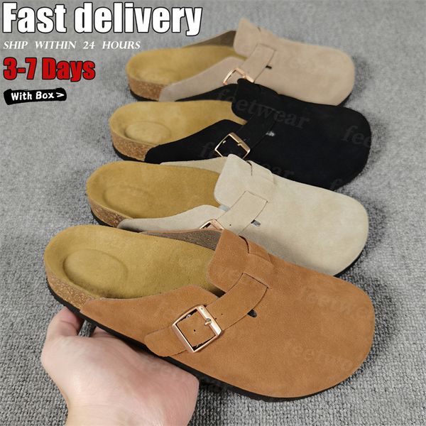 Designer Slides Slippers for Men Boston clog sandals Arizona Soft footbed Suede Sandals Summer Beach Flats Slipper chestnut Big Buckle Shearling Womens Mens Shoes - Shoes & Accessories - yakudashop